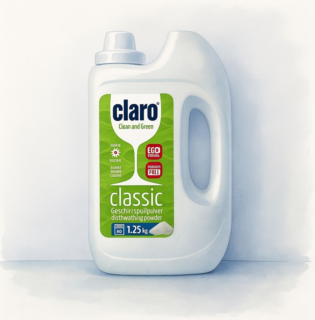 پودر ماشین ظرفشویی کلارو کلاسیک ۱.۲۵ کیلویی بدون فسفات، اکولوژیک و وگان با محافظ نقره، بطری سبز روشن، مناسب ۶۲ بار شستشو برای ظروف براق بدون لکه