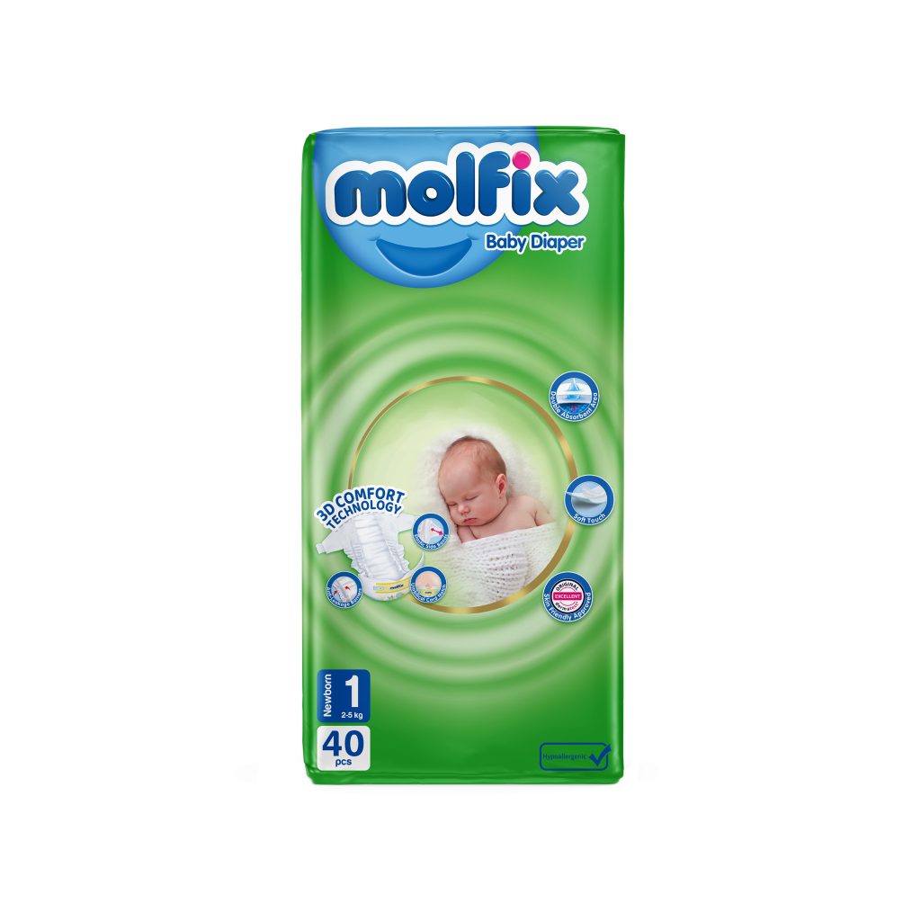 پوشک مولفیکس سایز 1 – بسته ۶۰ عددی Newborn با فناوری Air-Soft و بافت پنبه‌ای نرم برای نوزاد ۲-۵ کیلو ۲۰۲۵