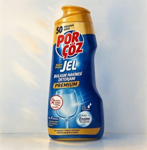 ژل ظرفشویی پورچوز پرمیوم ۹۰۰ میل بطری آبی با قطره آب، چربی‌زدایی قوی بدون پیش‌شستشو، فناوری آنزیم پیشرفته برای ظروف براق و درخشان بدون لکه