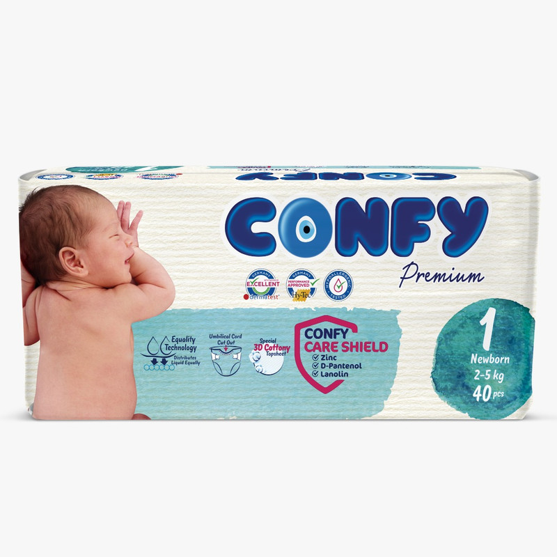 پوشک کانفی 1 – بسته ۴۰ عددی سایز نوزادی با روغن زیتون طبیعی و جذب ۱۲ ساعته ۲۰۲۵