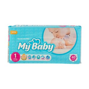 پوشک مای بی بی سایز ۱ مناسب نوزادان ۲ تا ۵ کیلوگرم با لایه جاذب ADL، عصاره بابونه و محافظ بند ناف. جذب سریع،