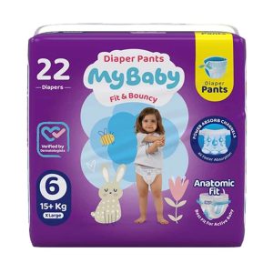 پوشک مای بیبی شورتی سایز 6 – بسته ۲۸ عددی با کش ۳۶۰ درجه و جذب ۴ برابری برای کودک ۱۵+ کیلو