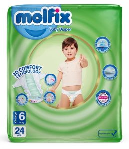 پوشک مولفیکس سایز ۶ خیلی خیلی بزرگ بسته بندی اصلی با فناوری سه بعدی ضد نشتی برای کودکان بالای ۱۵ کیلوگرم