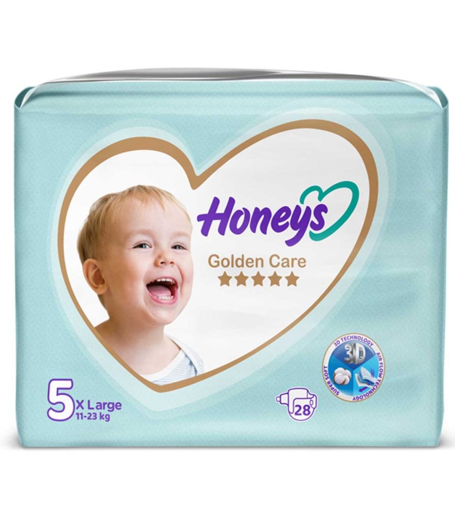 پوشک هانیز ایرانی سایز 5 بسته 28 عددی با فناوری comfort dry، ذرات جاذب مرغوب و لایه آلوئه ورا برای کودکان 11 تا 23 کیلوگرم، ضد سوختگی بدون نشت